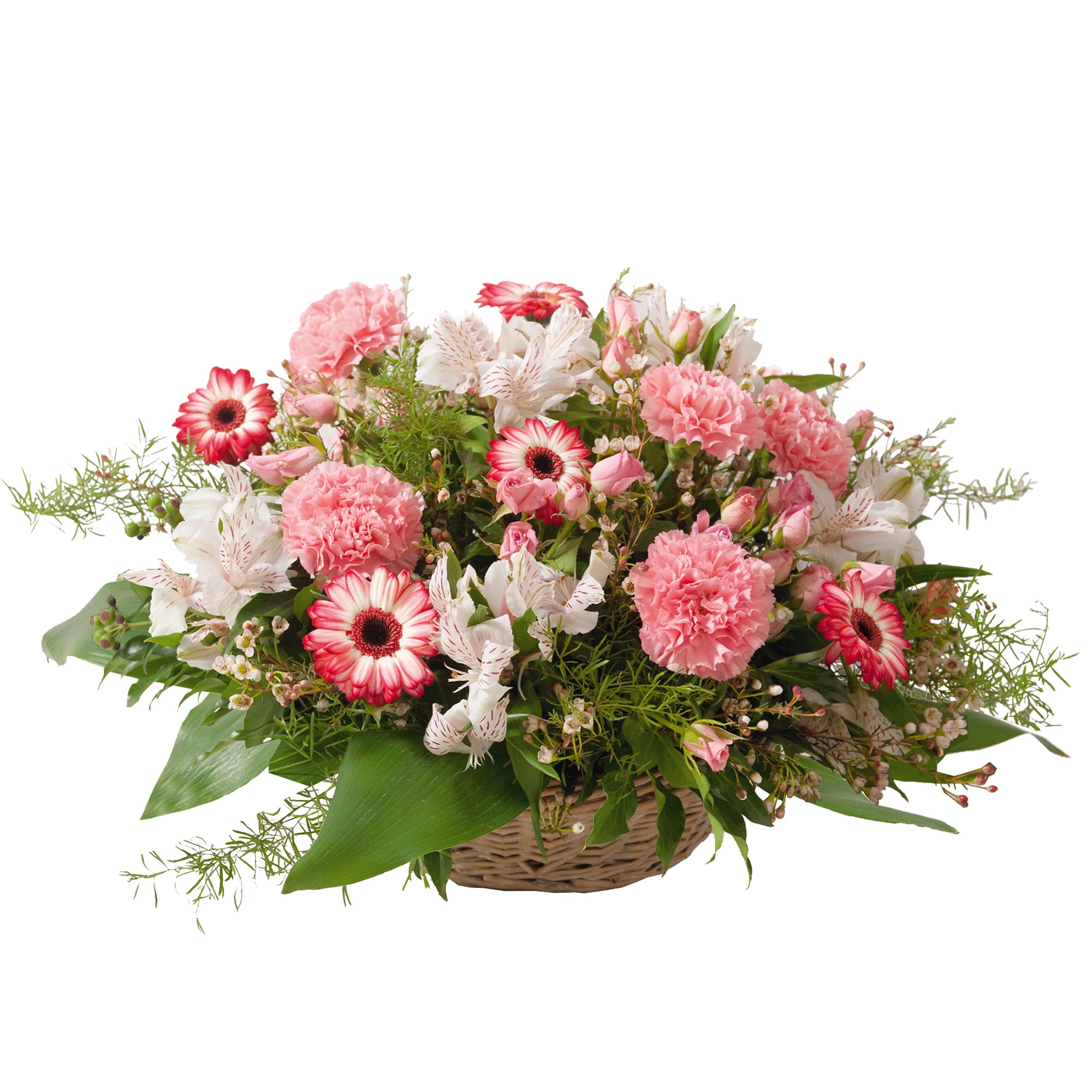 Round basket for funeral in white and pink colours